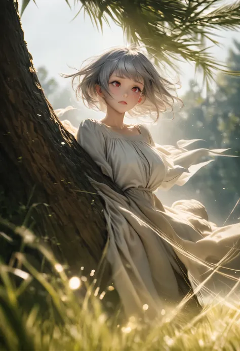 best quality, super fine, 16k, RAW photo, photorealistic, incredibly absurdres, extremely detailed, delicate, flashy and dynamic depiction, cute yet dignified beautiful elf, shy, short silver pixie cut hair, wind, wind-effect, red round eyes, slender propo...