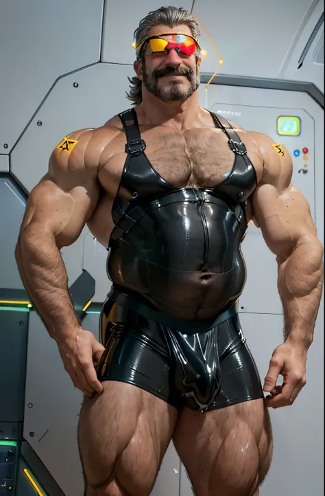 full body portrait, strong burly hairy mature older man(space captain), wearing futuristic captains uniform insignia (neon and black) (open and revealing) (latex) , gray hair, reflective sunglasses (neon yellow rims), broad shoulders, round belly, thick fe...