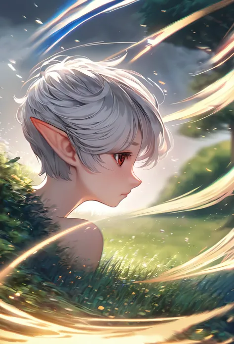 best quality, super fine, 16k, incredibly absurdres, extremely detailed, delicate, flashy and dynamic depiction, cute yet dignified beautiful elf, shy, short silver pixie cut hair, wind, wind-effect, red round eyes, slender proportion, leaning against a la...