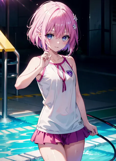 Momodeviluke, Deviluke type, demon tail, hair flower, hair ornaments, (purple eyes:1.1), pink hair, short hair, tail, smile,happy smile, smile, open your mouth,
break demon tail, green , school swimwear,wet hair,wet skin,barefoot,noon,Clear skies,
break ou...