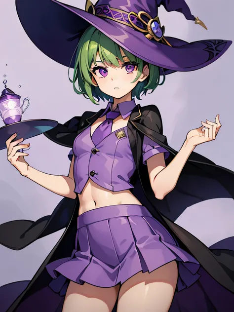 top-quality、extremely delicate and beautiful、(A teenage girl)、Purple Eye、beautiful eyes、Green hair、short-haired、(purple witch hat)、Purple tie、Soio、shortsleeves、Purple skirt、Tactical Vest,Purple Wizard Robe、Navel、is standing、Facing the front