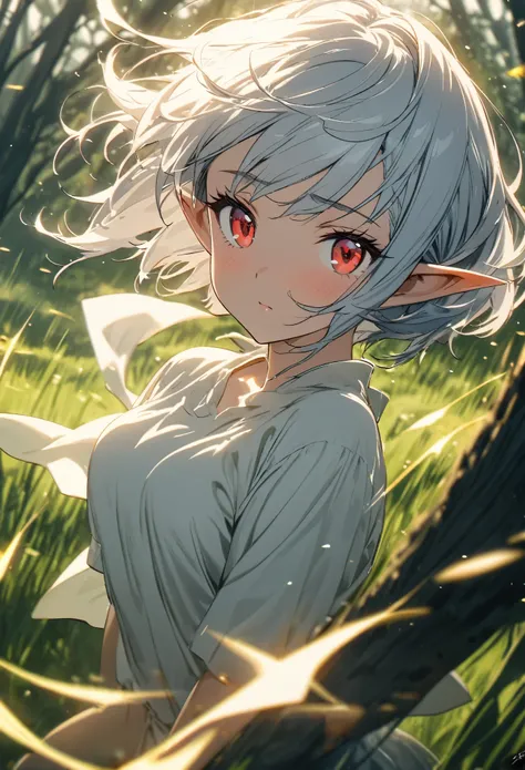 best quality, super fine, 16k, incredibly absurdres, extremely detailed, delicate, flashy and dynamic depiction, cute yet dignified beautiful elf, shy, short silver pixie cut hair, wind, wind-effect, red round eyes, slender proportion, leaning against a la...