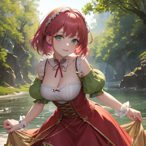 ultra-detailed, (highest quality, 8K, masterpiece, HDR, super detailed:1.2), Lens flare, alone, with heart-shaped green eyes, dark pink hair, short hair, wavy hair, French Braid:1.2, a red ribbon in her hair, floating hair, smile, green princess dress, cle...