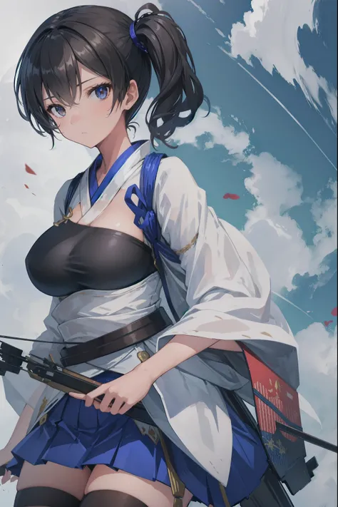 Kaga(Fleet Collection),highest quality, masterpiece, High resolution,kimono,blue skirt,side ponytail,big_breasts,