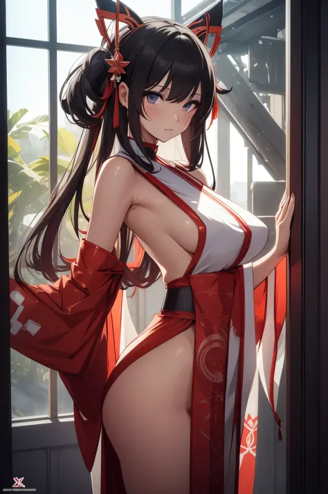 1 woman, ((detailed eyes:1.2)), wearing transparent miko outfit, nsfw, sexy, sensual, sleeveless, sideboob, masterpiece, top quality, best quality, official art, beautiful and aesthetic:1.2), extreme detailed, colorful, highest detailed