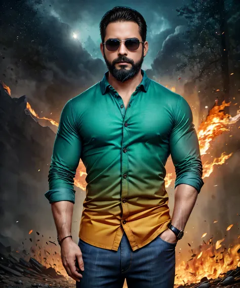Obra maestra, desenfoque de campo, Parte superior del cuerpo, Hands in pants pockets, 38 year old man with beard and square sunglasses. Man wearing a shirt with a color gradient in Transformers movie with a firestorm in the background.