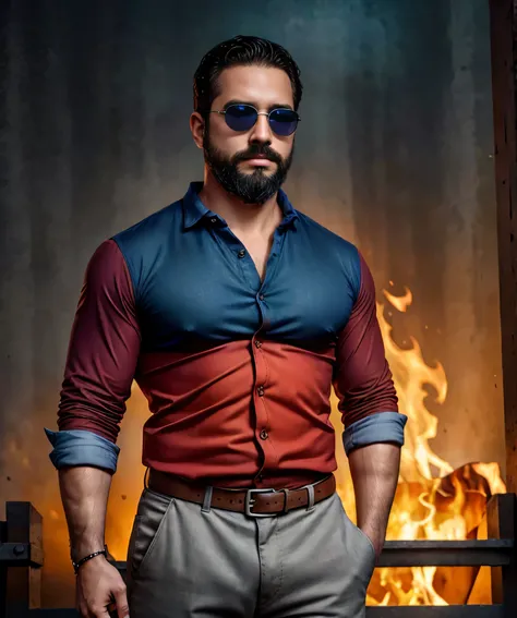 Obra maestra, desenfoque de campo, Parte superior del cuerpo, Hands in pants pockets, 38 year old man with beard and square sunglasses. Man wearing a shirt with a color gradient in Titanic movie with a firestorm in the background.