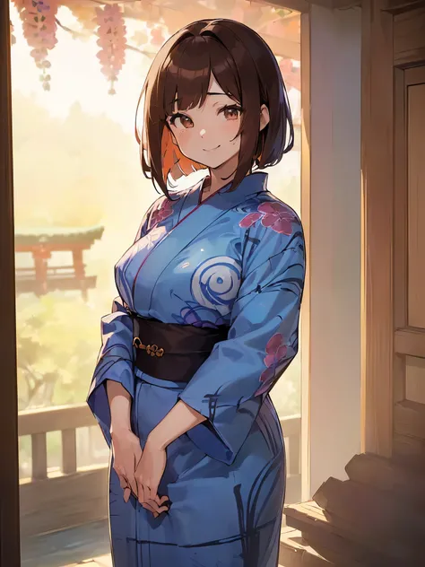 (((A vividly colored anime picture:1.3,最High resolution:1.3,Highest image quality:1.3,masterpiece:1.3))),(((1 female:1.3)))、(((The indigo blue yukata at the inn:1.3))),(((highest quality、masterpiece、High resolution)))、(((wavy hair:1.3、brown hair、bob cut ha...