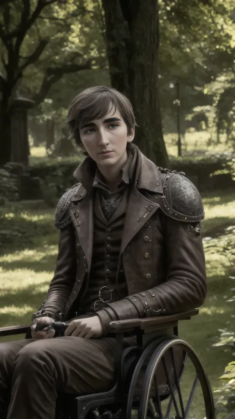 steampunkai, isaac hempstead wright as br4nst4, blind, sitting in a steampunk wheelchair, near a big tree, steampunk garden, (1m...