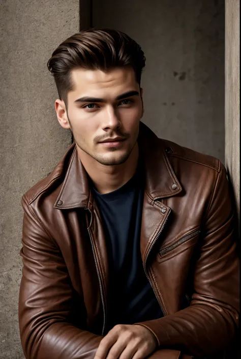 Arafeld man leaning against a wall in a leather jacket, inspired by Adam Dario Keel, maxim sukharev, attractive and good looking, Inspired by Ludovit Fula, close up portrait shot, maxim shirkov, close - up portrait shot, azimov, Sebastian Luca, profile sho...