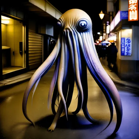 full-body Octopus, squid-like skin and tentacles, pubic-like head and six eyes alien as genital part in japanese night street,