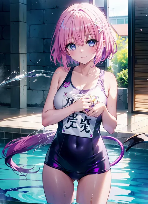 Momodeviluke, Deviluke type, demon tail, hair flower, hair ornaments, (purple eyes:1.1), pink hair, short hair, tail, smile,happy smile, smile, open your mouth,
break demon tail, green , school swimwear,wet hair,wet skin,barefoot,noon,Clear skies,
break ou...