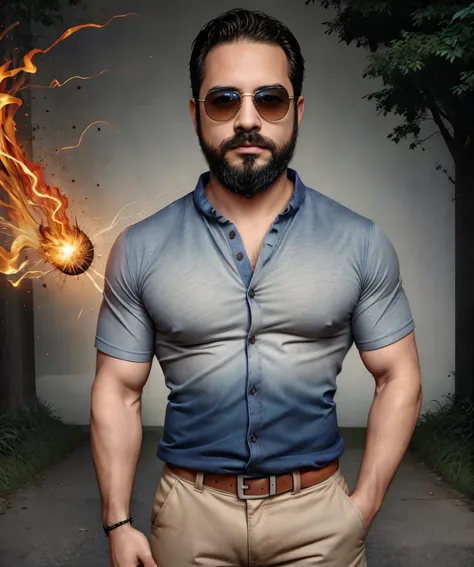 Obra maestra, desenfoque de campo, Parte superior del cuerpo, Hands in pants pockets, 38 year old man with beard and square sunglasses. Man wearing a shirt with a color gradient in The flash movie with a firestorm in the background.