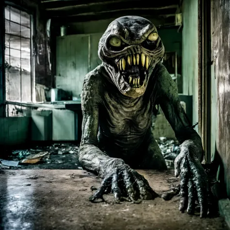 a photography  of  a large [cat|monster:0.8] sitting on the kitchen table inside a abandoned warehouse, shiny slimy skin, angry eyes, by Tom Savini