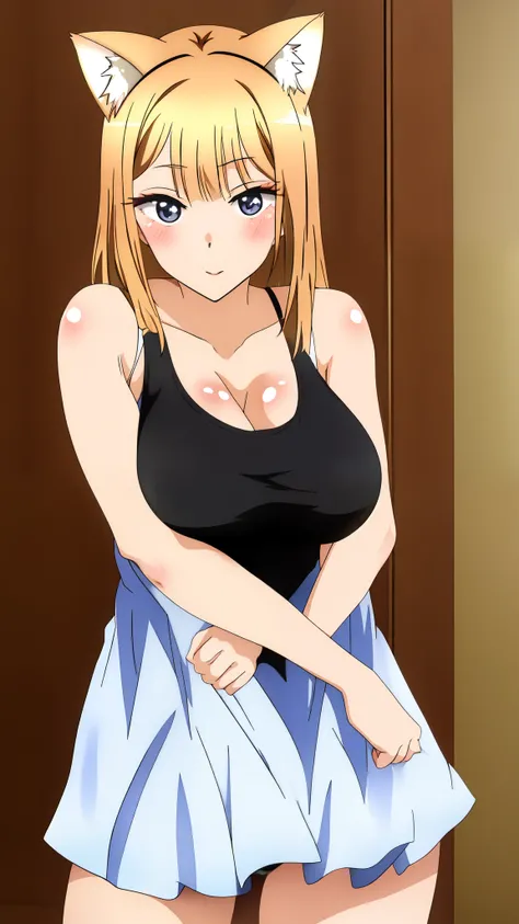 very bright and clear color ,Marin Kitagawa cat ears- My Dress-Up Darling A cute anime girl with big breasts , black tank top, looking straight at camera , natural sagging breast ,cute cat pose anime girl 