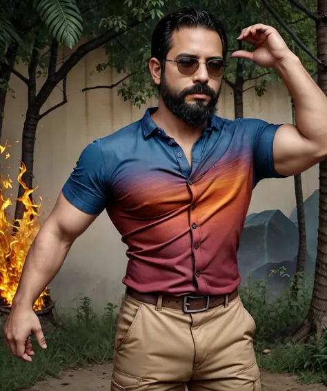 Obra maestra, desenfoque de campo, Parte superior del cuerpo, Hands in pants pockets, 38 year old man with beard and square sunglasses. Man wearing a shirt with a color gradient in mexican movie with a firestorm in the background.