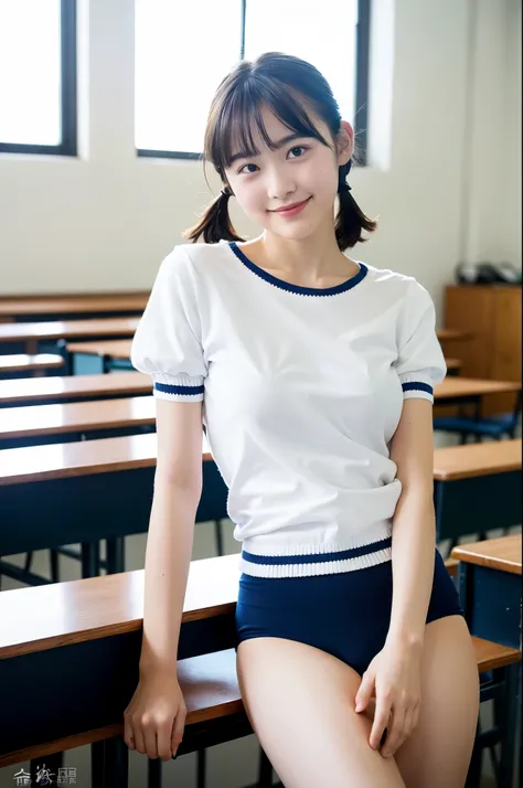 girl standing in classroom,short-sleeved white school long t-shirt with trim,navy blue knitted speedo briefs,18-year-old,bangs,a little smile,thighs,knees,short hair and low ponytails with barrette,from below,front light