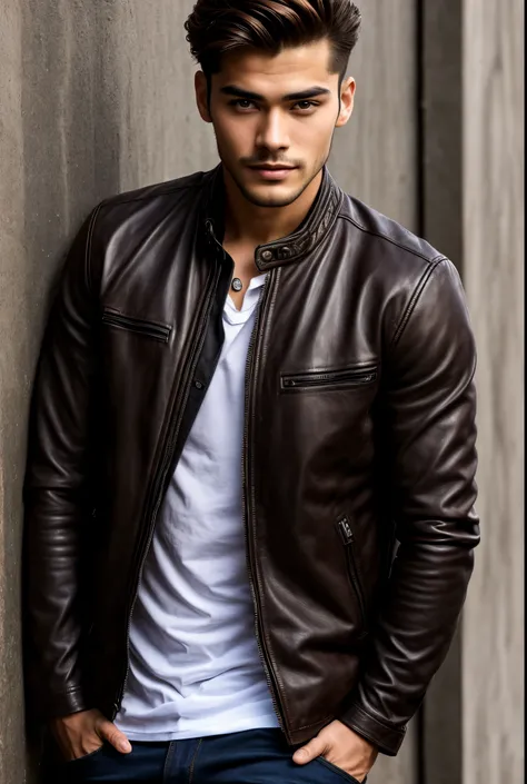 Arafeld man leaning against a wall in a leather jacket, inspired by Adam Dario Keel, maxim sukharev, attractive and good looking, Inspired by Ludovit Fula, close up portrait shot, maxim shirkov, close - up portrait shot, azimov, Sebastian Luca, profile sho...