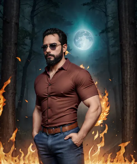 Obra maestra, desenfoque de campo, Parte superior del cuerpo, Hands in pants pockets, 38 year old man with beard and square sunglasses. Man wearing a shirt with a color gradient in Maleficent movie with a firestorm in the background.