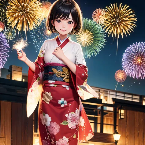 A very charming  with short hair carrying a book wearing a kimono while smiling at the fireworks celebration