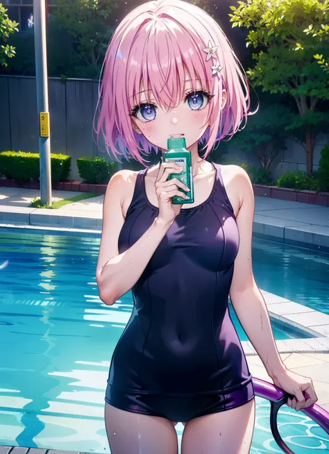 Momodeviluke, Deviluke type, demon tail, hair flower, hair ornaments, (purple eyes:1.1), pink hair, short hair, tail, smile,happy smile, smile, open your mouth,
break demon tail, green , school swimwear,wet hair,wet skin,barefoot,noon,Clear skies,
break ou...