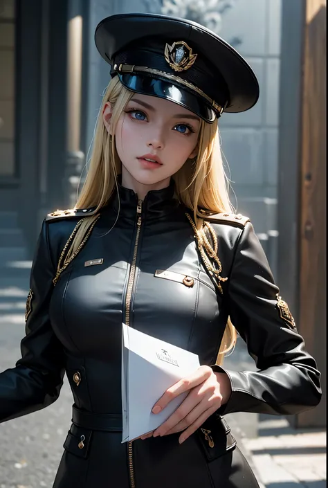 ((Best quality)), ((masterpiece)), (detailed:1.4), 3D, an image of a beautiful female,wearing a  black leather uniform, military hat, commander,, angry face, blonde hair, blu eye, HDR (High Dynamic Range),Ray Tracing,NVIDIA RTX,Super-Resolution,Unreal 5,Su...