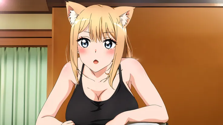 very bright and clear color ,Marin Kitagawa cat ears- My Dress-Up Darling A cute anime girl with big breasts , black tank top, looking straight at camera , natural sagging breast ,cute cat pose anime girl , showing side boob