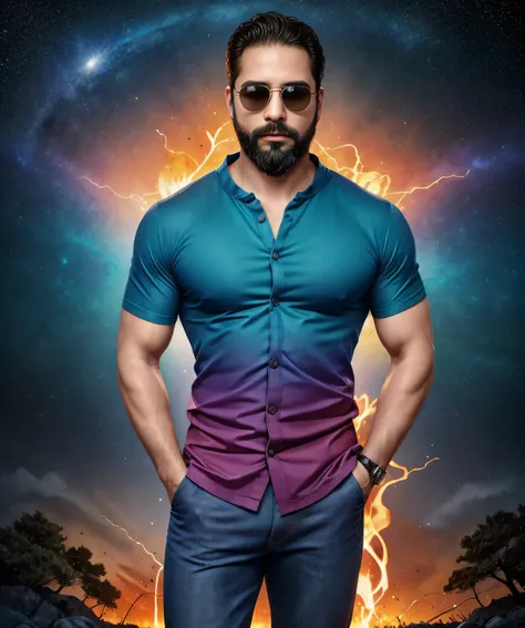 Obra maestra, desenfoque de campo, Parte superior del cuerpo, Hands in pants pockets, 38 year old man with beard and square sunglasses. Man wearing a shirt with a color gradient in the space movie with a firestorm in the background.