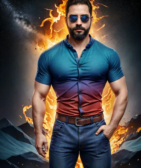 Obra maestra, desenfoque de campo, Parte superior del cuerpo, Hands in pants pockets, 38 year old man with beard and square sunglasses. Man wearing a shirt with a color gradient in the space movie with a firestorm in the background.