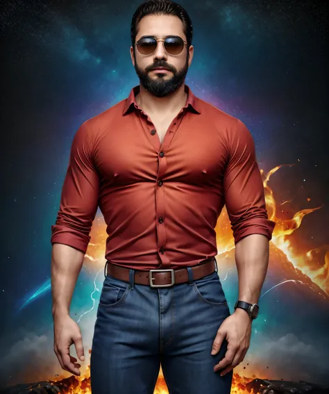 Obra maestra, desenfoque de campo, Parte superior del cuerpo, Hands in pants pockets, 38 year old man with beard and square sunglasses. Man wearing a shirt with a color gradient in the space movie with a firestorm in the background.