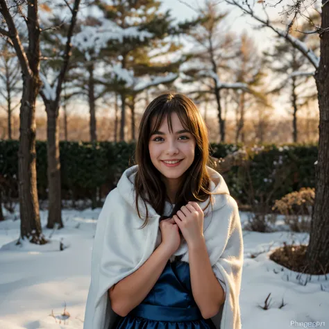 a girl with flowing black hair and fair skin,dressed in a beautiful blue gown and a white puffy cloak,standing in a snowy forest...