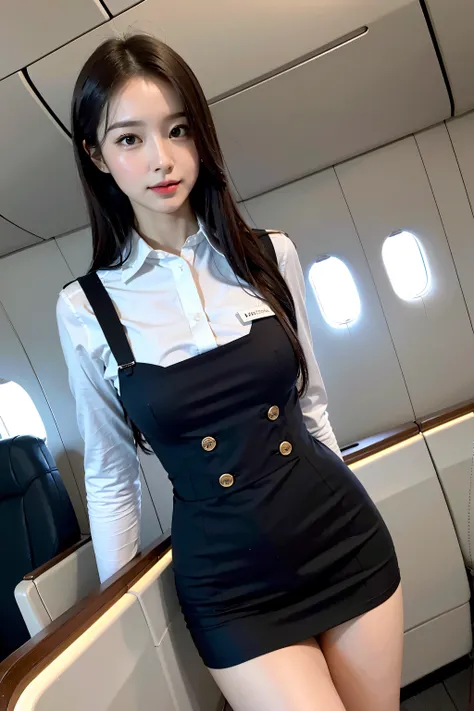 highest quality, masterpiece, 8K, ultra high resolution, (realistic: 1.4), 1 girl, beautiful face, symmetrical eyes, big, perfect body proportions, stewardess uniform, Viewer&#39;s line of sight, (inside the plane: 1.2), Front view, Shoulder jumps, Absolut...