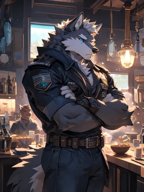 male， muscular，Wolf，only，The upper body is unclothed，Wearing light blue jeans，The background is the beach，big muscles，sit on the chair，high quality，high detail，8K，All white，Light blue pupils，gray hair