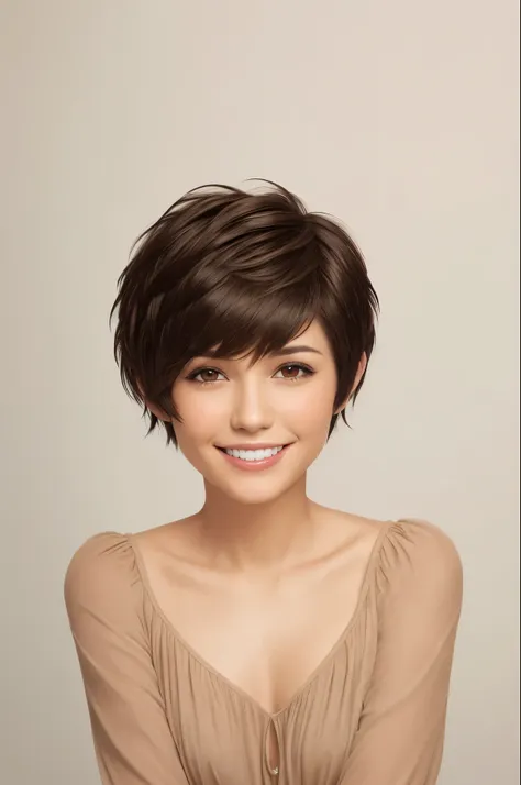 Very short pixie cut brown hair smile