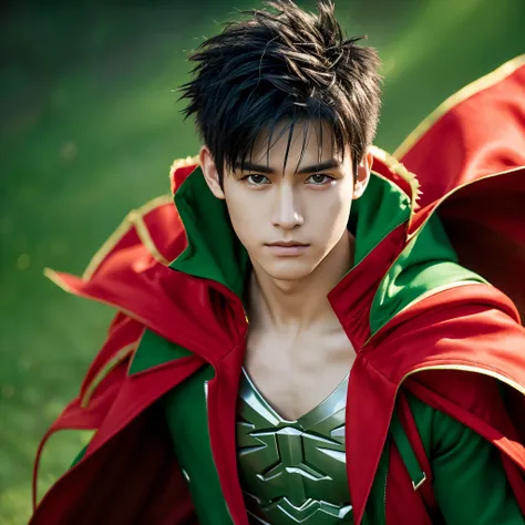 Green hero costume　red cloak　Black hair with spiky bangs swept slightly to the left　A young man with a handsome face　Hair length is around the neck