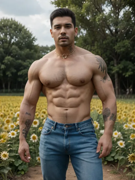 30 years, ojos grandes, hombre chino, rastrojo, pulgada blanca, huge muscles, exaggerated muscles,cuerpo completo , hombre maduro, muscle swelling, culturismo, Musculos pectorales, abdominales, muy nalgon , en un campo de flores de girasol, Muchos girasole...