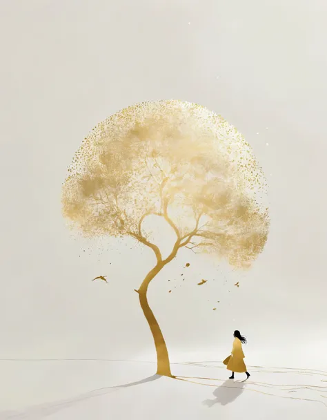 a minimalist journey，gold，1girl，illustration