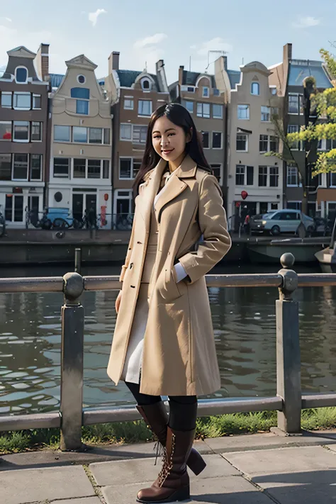 The beautiful 24 year old Indonesian woman wore a coat and high boots that matched perfectly. standing gracefully smiling sweetly and gently, perfect face. near the water with buildings in the background, mai anh tran, inspired by Ruth JÃªn, gemma chen, wi...