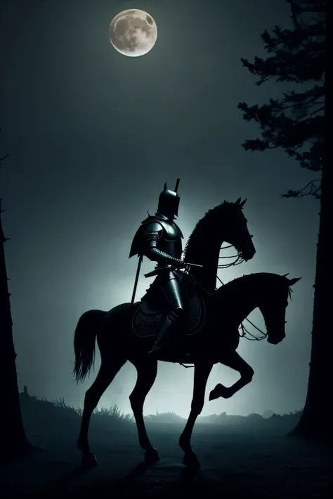 a headless knight carrying an ax on shoulder on black horse, misterious fog in bizarre castle, creepy trees, moon night, ((low-key lighting)),