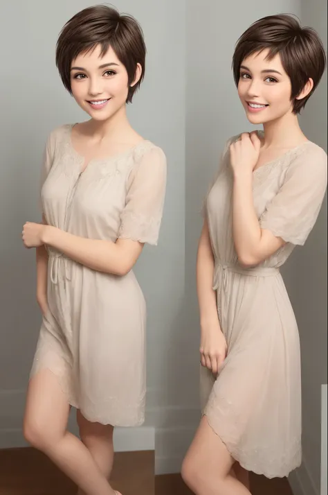 very short pixie cut  brown hair smile