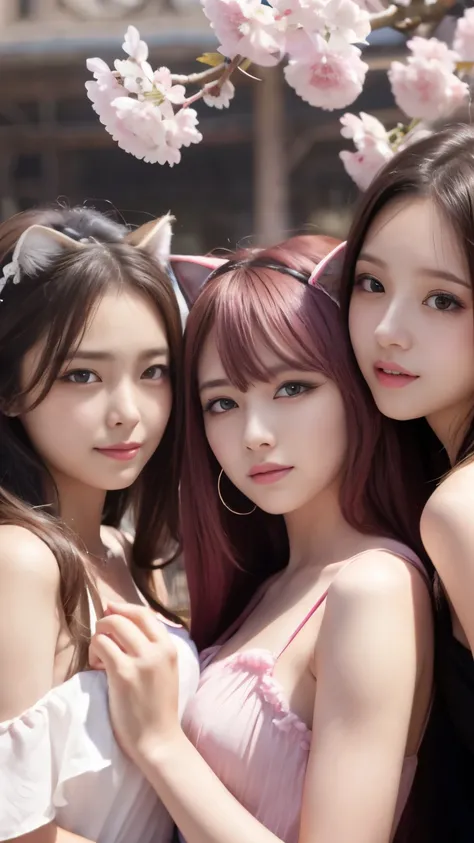 masterpiece, 4k, Bokeh, beautiful face, (multiple girls:1.4), Harem, group photo, Cat ear, medium bob hair, pink soft hair , looking at the viewer, cherry blossoms, upper body shot, neon pink background