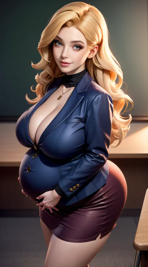 pregnant woman, Portrait of a 45 year old woman with long curly blonde hair, mature body, Mature teacher in the classroom, sexy smile, 8K, detailed background, surreal, realism, school classroom, NSFW, High Neck Teacher Uniform, Teachers suit, skirt, showi...