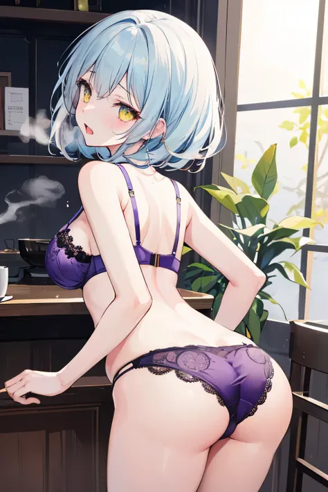 {best quality}, {very aesthetic}, {ultra-detailed}, {best illustration}, woman,((light blue middle straight hair)),yellow eye,pov,((orgasm face)),(steam),(purple lace bra),1girl,leaning forward, (from back),(closeup-ass),cafe,(bottomless)