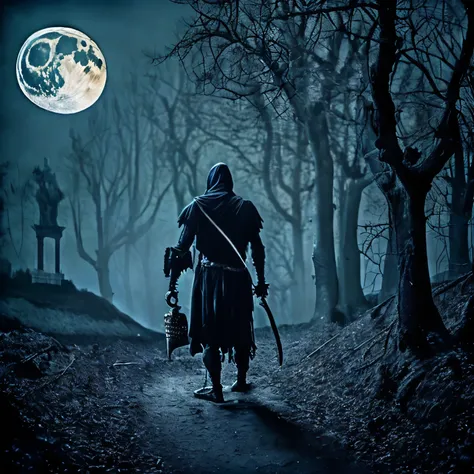 a headless knight carrying an ax on shoulder on black horse, misterious fog in bizarre castle, creepy trees, moon night,