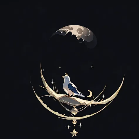 arav image of a bird sitting on the crescent moon，there are stars on it, refracted moon sparkles, crescent moon, moon and stars,...