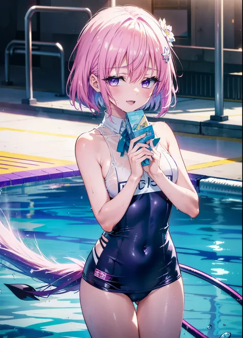 momomodel Building Uke, Deviluke type, demon tail, hair flower, hair ornaments, (purple eyes:1.1), pink hair, short hair, tail, smile,happy smile, smile, open your mouth,
break demon tail, green , school swimwear,wet hair,wet skin,barefoot,noon,sunny,
brea...