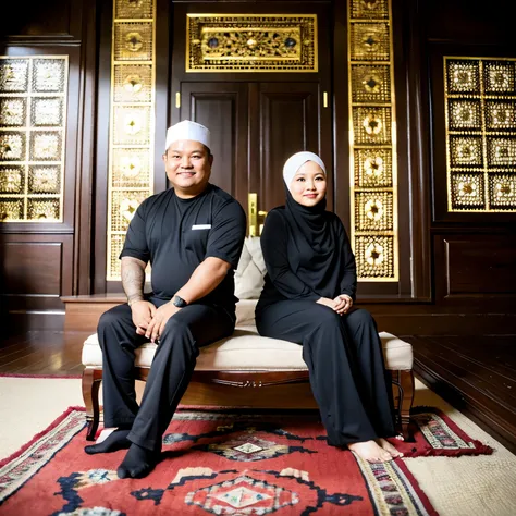 realistic photo of an Indonesian Muslim couple,
 husband (55), slightly fat body like Prabowo, wearing a black skullcap, clean face with no beard and wife (45), they pose in namaste with an interior background in the form of Islamic ornaments which gives a...