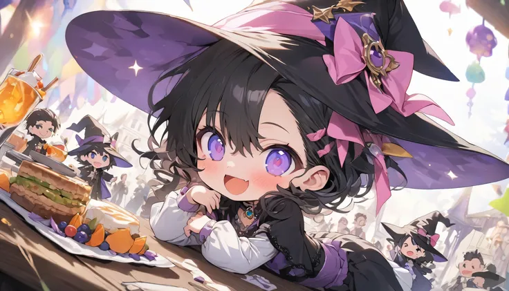 (highest quality、masterpiece、High resolution、detailed)、,BREAK,(beautiful anime)、masterpiece, highest quality, Chibi, wizard&#39;s tea party, handsome male witch, beautiful witch, Happy, lively, colorful