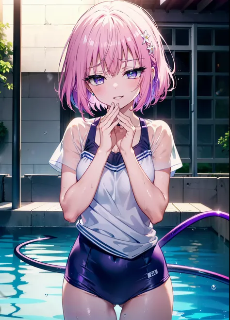 momomodel Building Uke, Deviluke type, demon tail, hair flower, hair ornaments, (purple eyes:1.1), pink hair, short hair, tail, smile,happy smile, smile, open your mouth,
break demon tail, green , school swimwear,wet hair,wet skin,barefoot,noon,sunny,
brea...