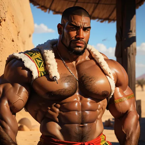 an exaggeratedly muscular and large bodyguard, beefy build, beard, dark-skinned african american male, buzzcut hair with square line, (worried expression: 1.2), (wearing african tribal attire: 1.2), (bara pecs: 1.3), (arm and chest hair: 1.1), portrait HD,...